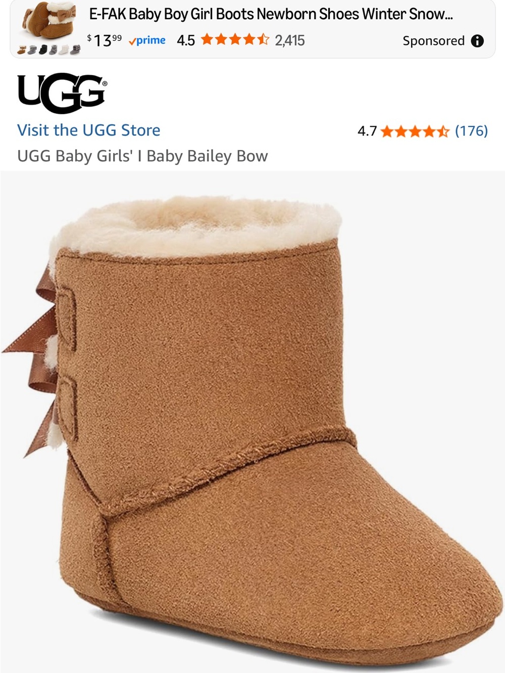 UGG Baby Girls I Bailey Bow Boot - Chestnut